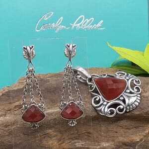 Carolyn Pollack Relios 925 Sterling Carnelian Doublet 2" Pendant + 1.75 Earrings